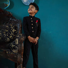 wedding wear black jacquard jodhpuri suit set for boys