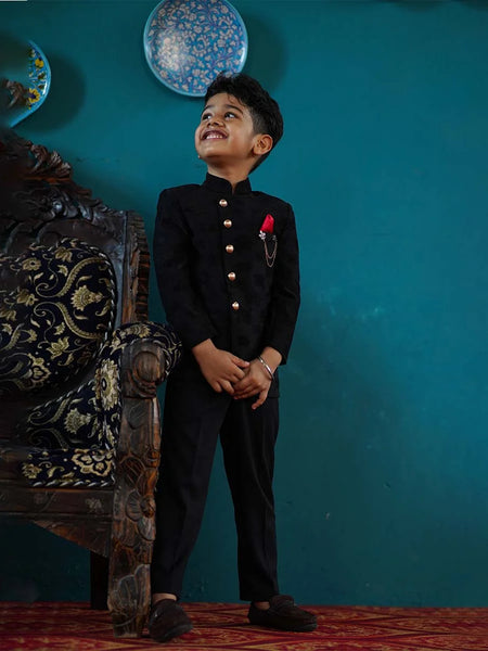 wedding wear black jacquard jodhpuri suit set for boys