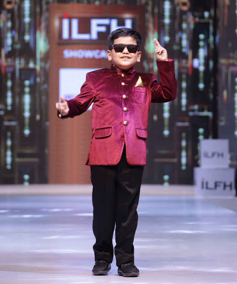 maroon velvet jodhpuri suit set for boys
