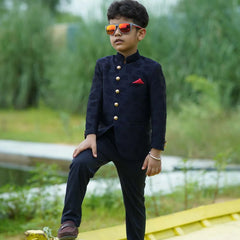 Indian wear navy blue jacquard jodhpuri suit set for boys