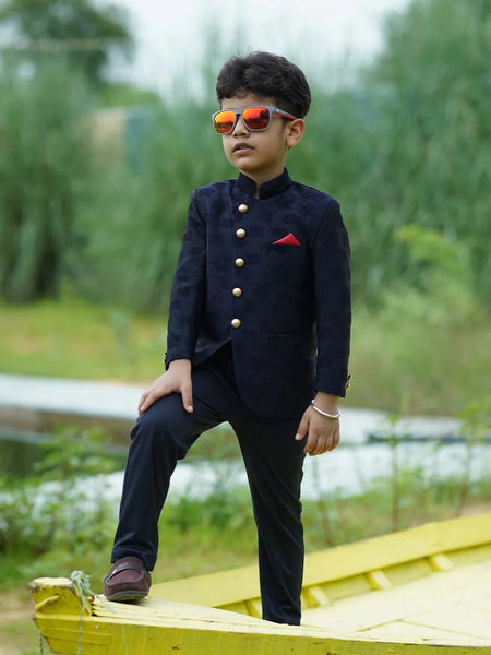 Indian wear navy blue jacquard jodhpuri suit set for boys