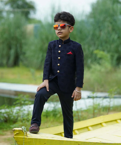Navy Self Jacquard Design Jodhpuri Suit for Boys