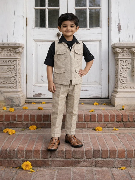 Young boy in a formal outfit standing on steps with decorative elements.