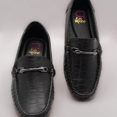 Kids' black croc-textured loafers with metal buckle, Jaipur