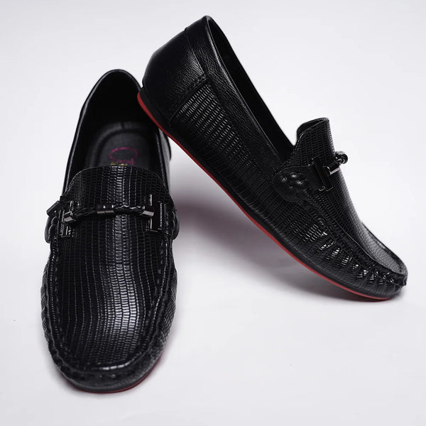 Kids' black textured loafers with buckle and red sole, Jaipur
