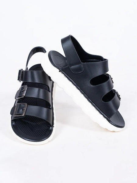 Kids' black triple buckle sandals with cushioned footbed and white sole, Jaipur

