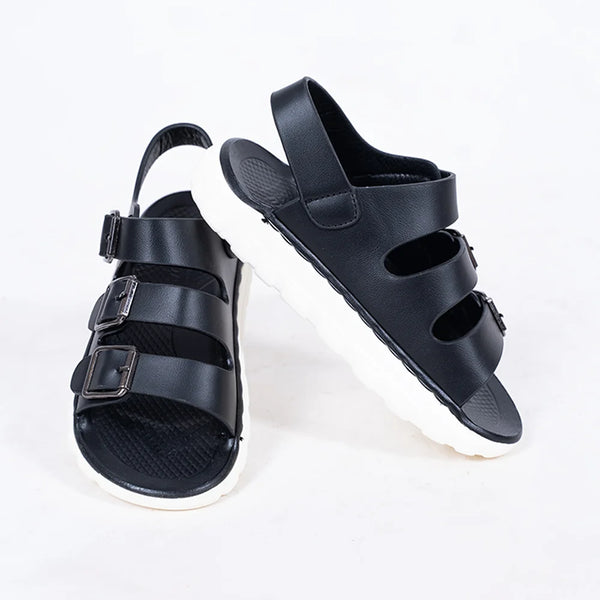 Kids' black triple buckle sandals with cushioned footbed and white sole, Jaipur

