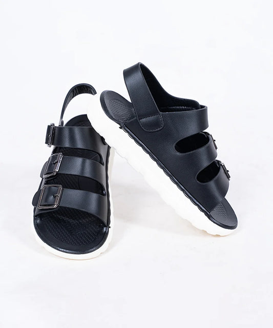 Kids' black triple buckle sandals with cushioned footbed and white sole, Jaipur


