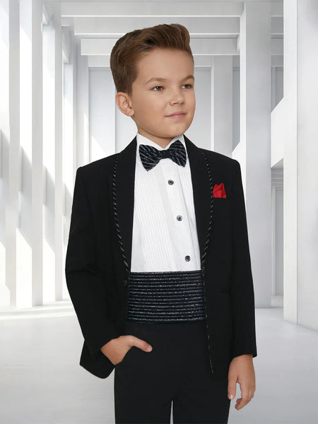 Designer black boys tuxedo with bow tie and red pocket square, Jaipur party outfit