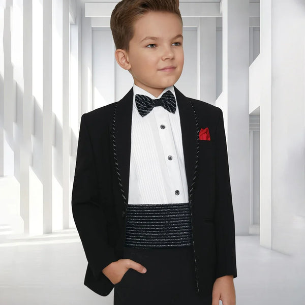 Designer black boys tuxedo with bow tie and red pocket square, Jaipur party outfit