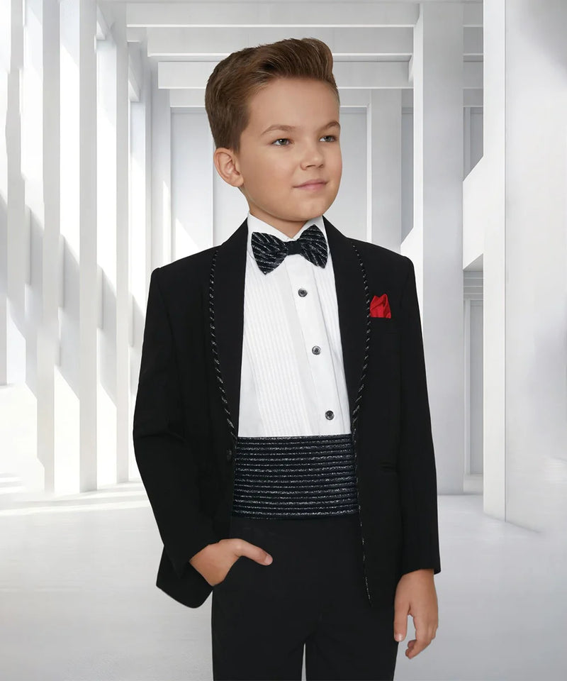 Designer black boys tuxedo with bow tie and red pocket square, Jaipur party outfit