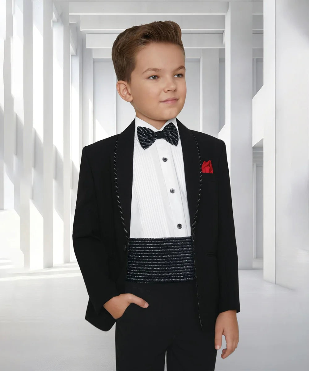 Designer black boys tuxedo with bow tie and red pocket square, Jaipur party outfit