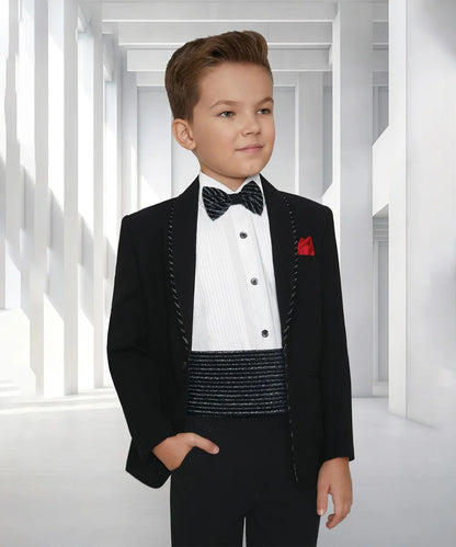 Designer black boys tuxedo with bow tie and red pocket square, Jaipur party outfit