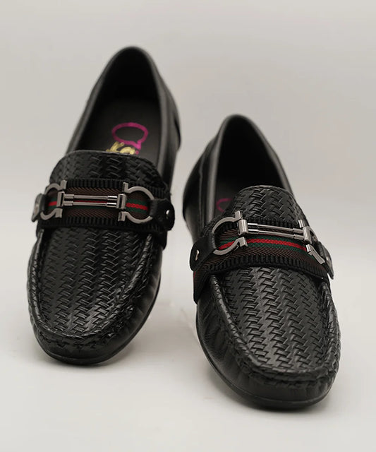 Kids' black woven loafers with metal horsebit buckle and red accent band, Jaipur