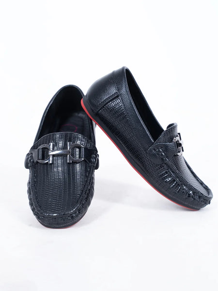 Kids' black woven loafers with metal buckle and red sole, Jaipur