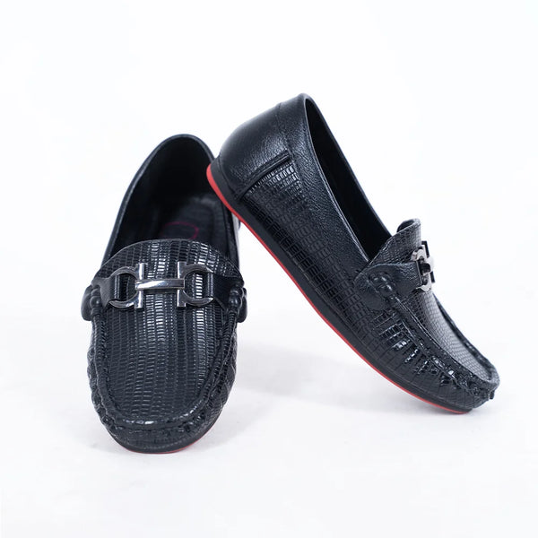 Kids' black woven loafers with metal buckle and red sole, Jaipur