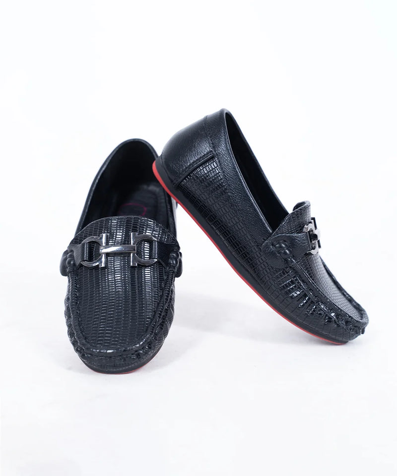 Kids' black woven loafers with metal buckle and red sole, Jaipur