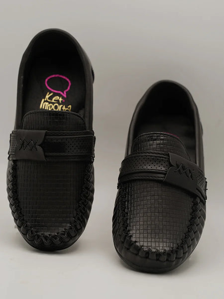 Kids' black woven loafers with perforated band and cushioned insole, Jaipur