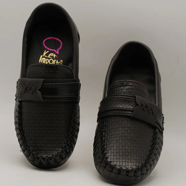 Kids' black woven loafers with perforated band and cushioned insole, Jaipur