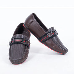 Kids' brown textured loafers with designer buckle and red sole, Jaipur