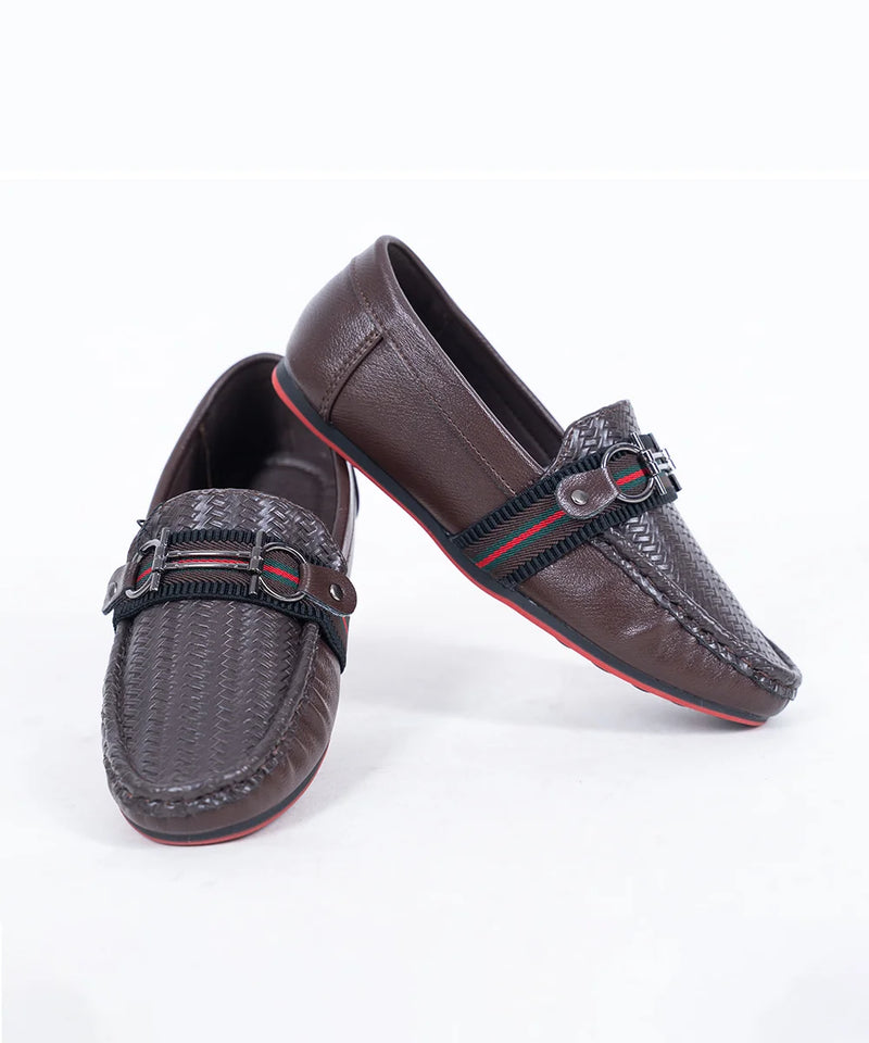 Kids' brown textured loafers with designer buckle and red sole, Jaipur
