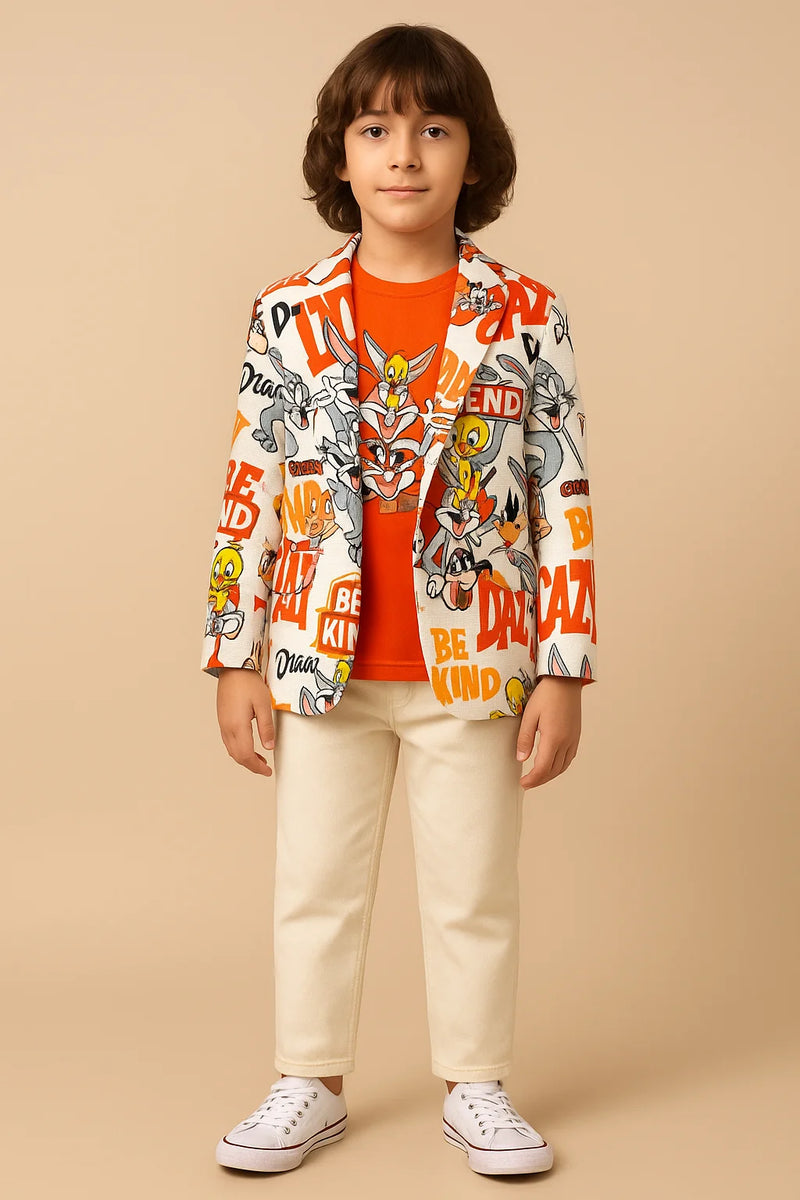 Child wearing a colorful jacket with cartoon characters and text on a beige background