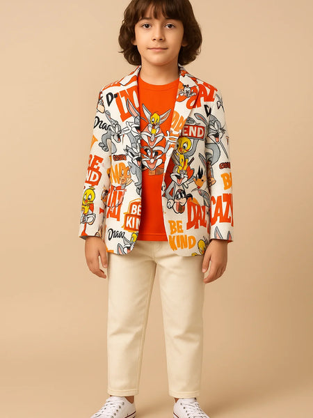 Child wearing a colorful jacket with cartoon characters and text on a beige background