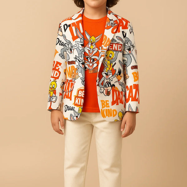 Child wearing a colorful jacket with cartoon characters and text on a beige background