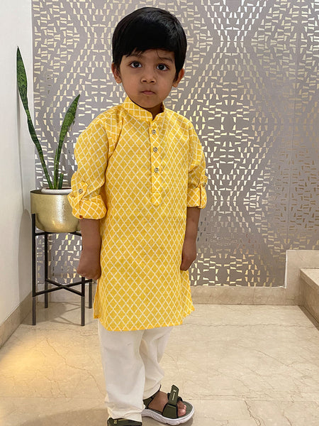 Partywear yellow and white check kurta pyjama, pure cotton, Jaipur collection