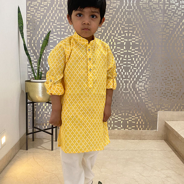 Partywear yellow and white check kurta pyjama, pure cotton, Jaipur collection