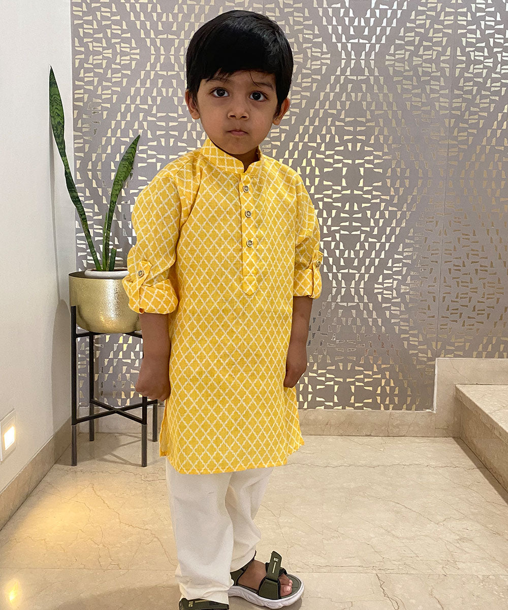 Partywear yellow and white check kurta pyjama, pure cotton, Jaipur collection