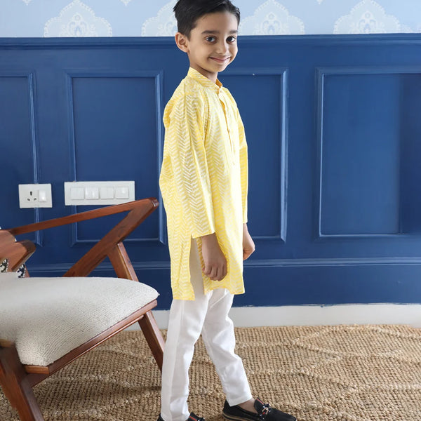 comfortable yellow printed kurta with white pajamas for boys 