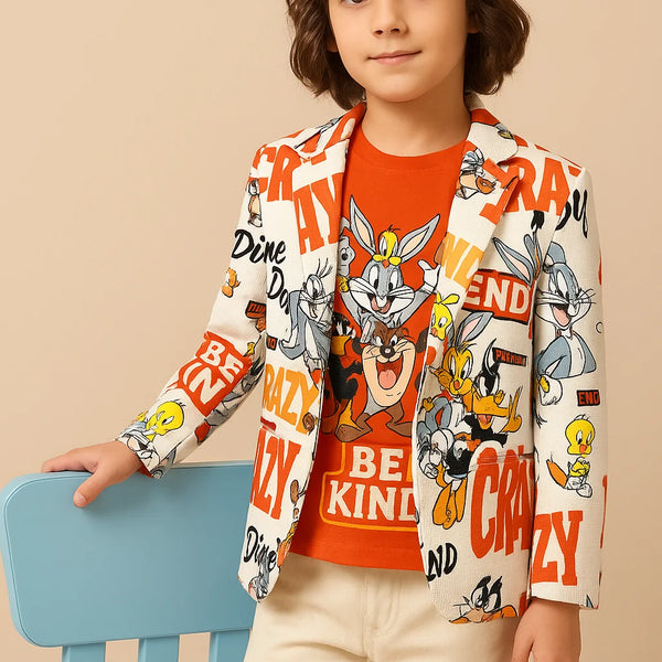 Child wearing a colorful jacket with cartoon characters and text, sitting on a blue chair against a beige background.