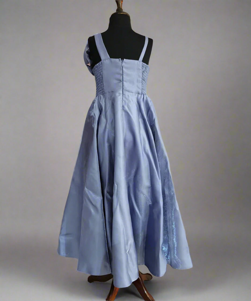 back view of purple & pink floral gown for girls 