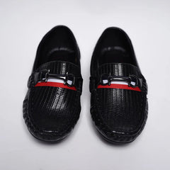 Close-up of kids' designer black party loafers with cushioned insole and red outsole, Jaipur
