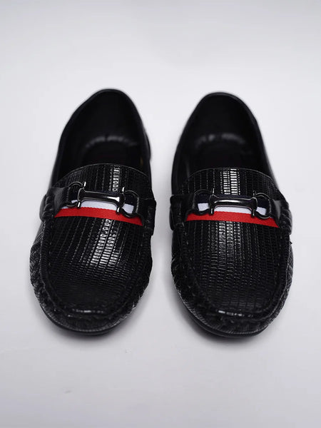 Close-up of kids' designer black party loafers with cushioned insole and red outsole, Jaipur