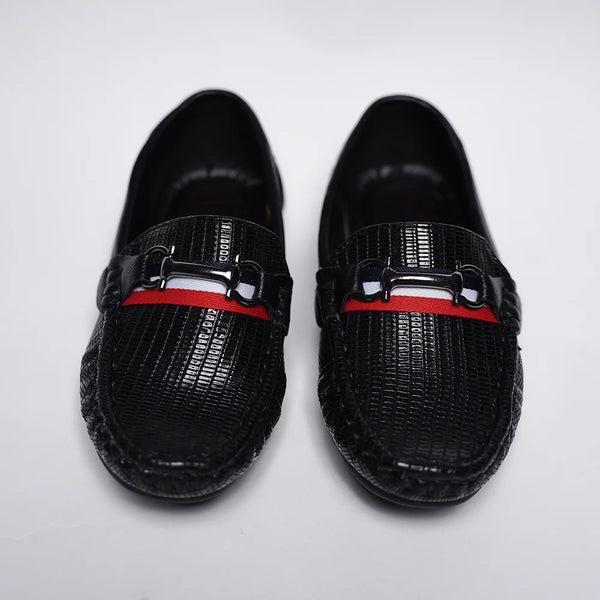 Close-up of kids' designer black party loafers with cushioned insole and red outsole, Jaipur