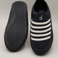 Close-up of kids' navy blue mesh sneakers with cushioned insole and white bands, Jaipur