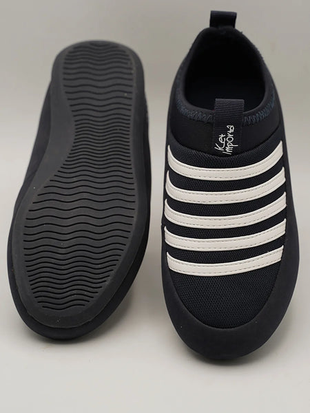Close-up of kids' navy blue mesh sneakers with cushioned insole and white bands, Jaipur