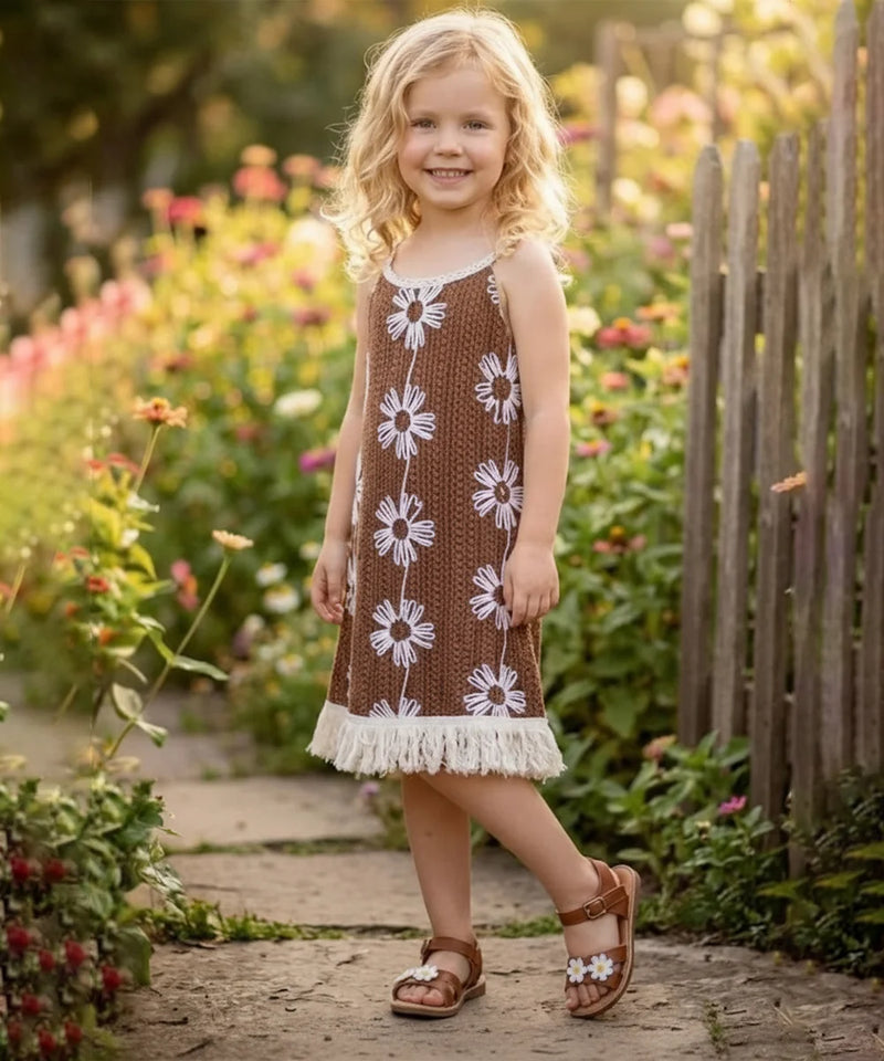 Young girl in a brown dress with white floral patterns standing in a garden.