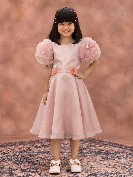Devils N Angels Peach Party Frock with Puffy Sleeves for Girls 6-7 Years | Jaipur