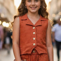 Young girl in an orange outfit with a blurred background