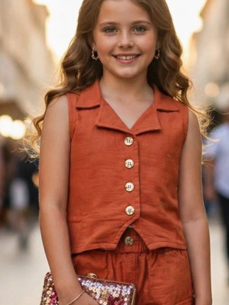 Young girl in an orange outfit with a blurred background