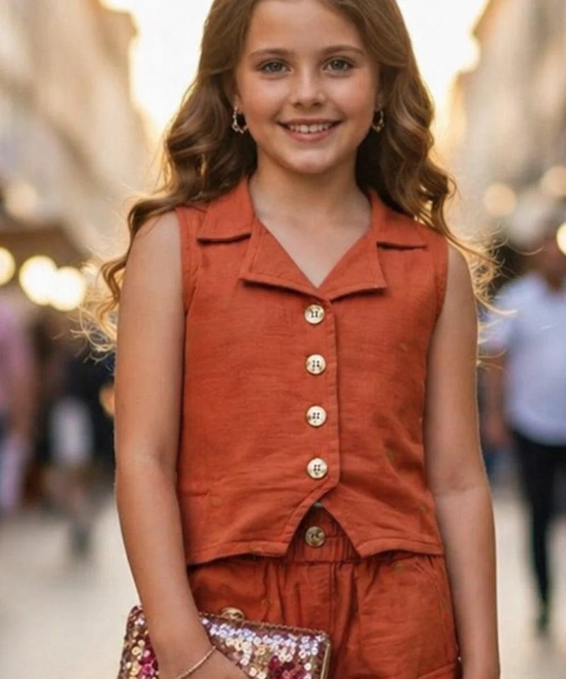 Young girl in an orange outfit with a blurred background