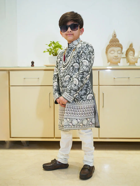 Detailed embroidery grey sherwani for boys, special occasion kidswear Jaipur