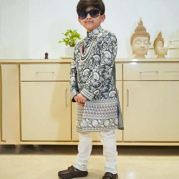 Detailed embroidery grey sherwani for boys, special occasion kidswear Jaipur
