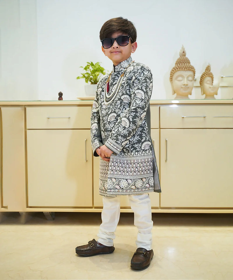 Detailed embroidery grey sherwani for boys, special occasion kidswear Jaipur
