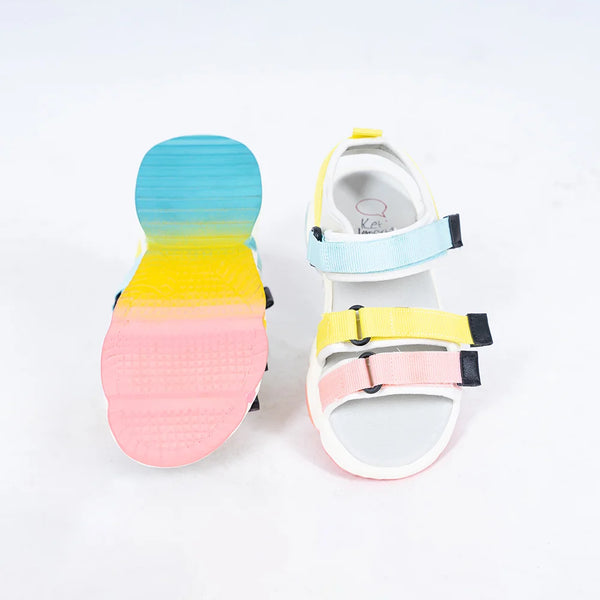Close-up of trendy girls' summer sandals with pastel straps and cushioned sole, Jaipur

