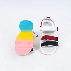 Close-up of trendy girls' summer sandals with white sole and colorblock design, Jaipur