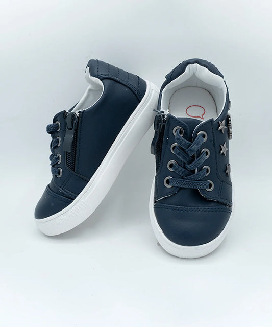 Kids' navy blue sneakers with metallic star accents and side zipper, Jaipur